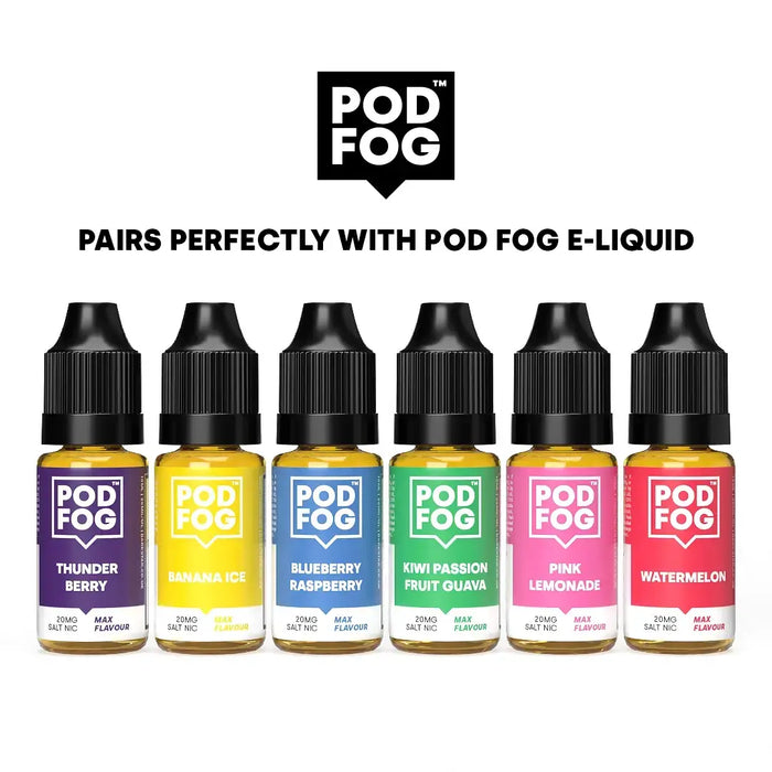 Pod Fog E-Liquid Collection: Thunder Berry, Banana Ice, Blueberry Raspberry, Kiwi Passion Fruit Guava, Pink Lemonade, Watermelon.