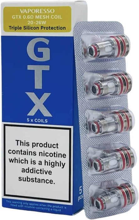 Vaporesso GTX 0.6ohm Mesh Coils, 5-pack, triple silicon protection for rich flavor and vapor, 20-26W, DTL and MTL compatible.