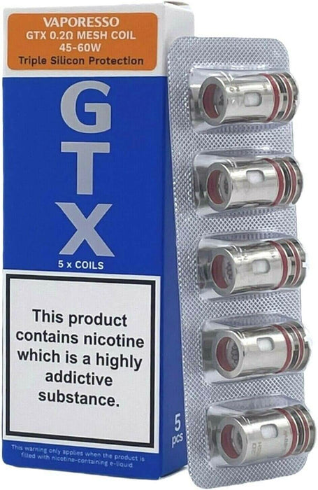 Vaporesso GTX 0.2 Mesh Coils pack with 5 coils, triple silicon protection, nicotine warning label included.