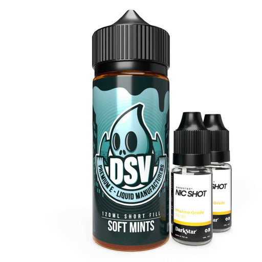 Soft Mints Starter Pack with 120ml short fill and two nicotine shots, offering a cool, chewy mint flavor with an icy kick.