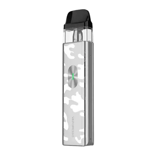 Vaporesso XROS 4 Mini Pod Kit in silver camo design, featuring compact aluminium body and powerful 1000mAh battery for portable vaping.