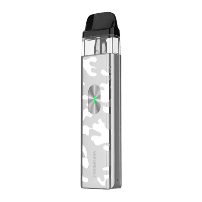 Vaporesso XROS 4 Mini Pod Kit in silver camo design, featuring compact aluminium body and powerful 1000mAh battery for portable vaping.